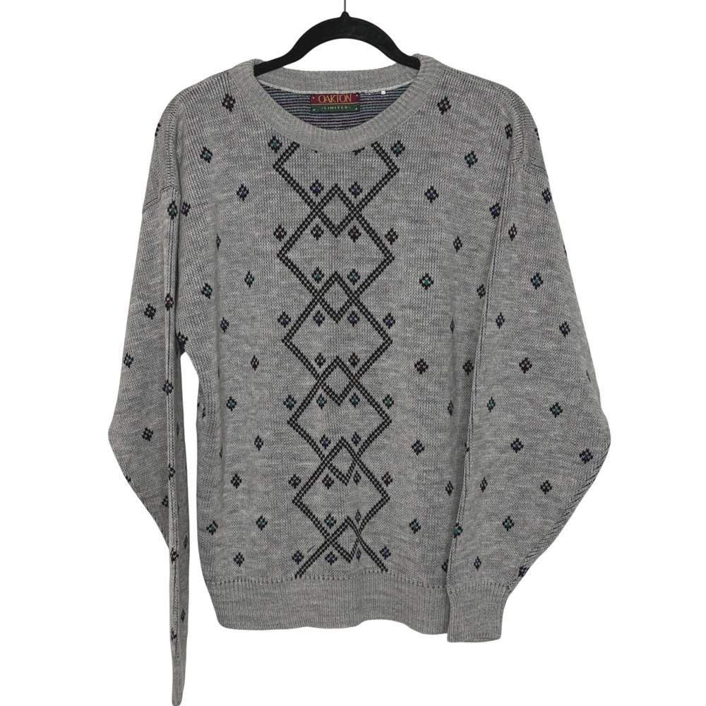 Vintage Oakton Limited Gray Geometric Knit Sweater Men's Approx Large